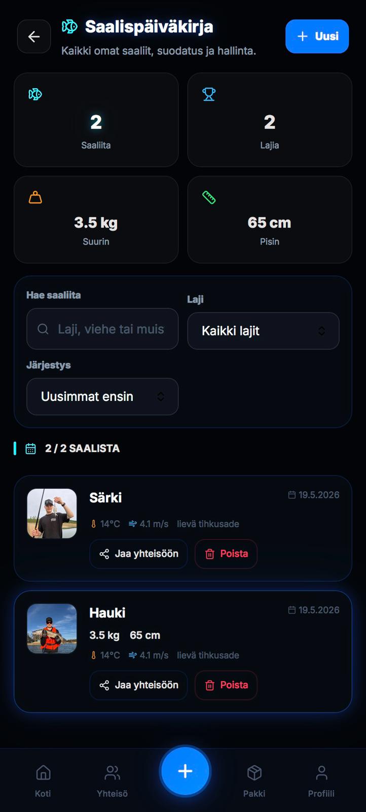 Uistion saalispäiväkirjan näkymä, jossa näkyvät saaliskooste, haku ja kaksi saaliskorttia