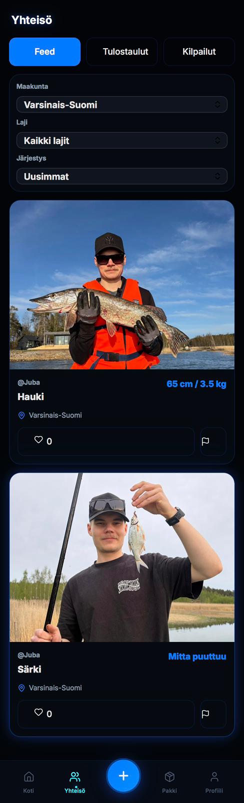 Uistion yhteisön feed-näkymä, jossa näkyy saaliiden suodatus ja kaksi jaettua saaliskorttia