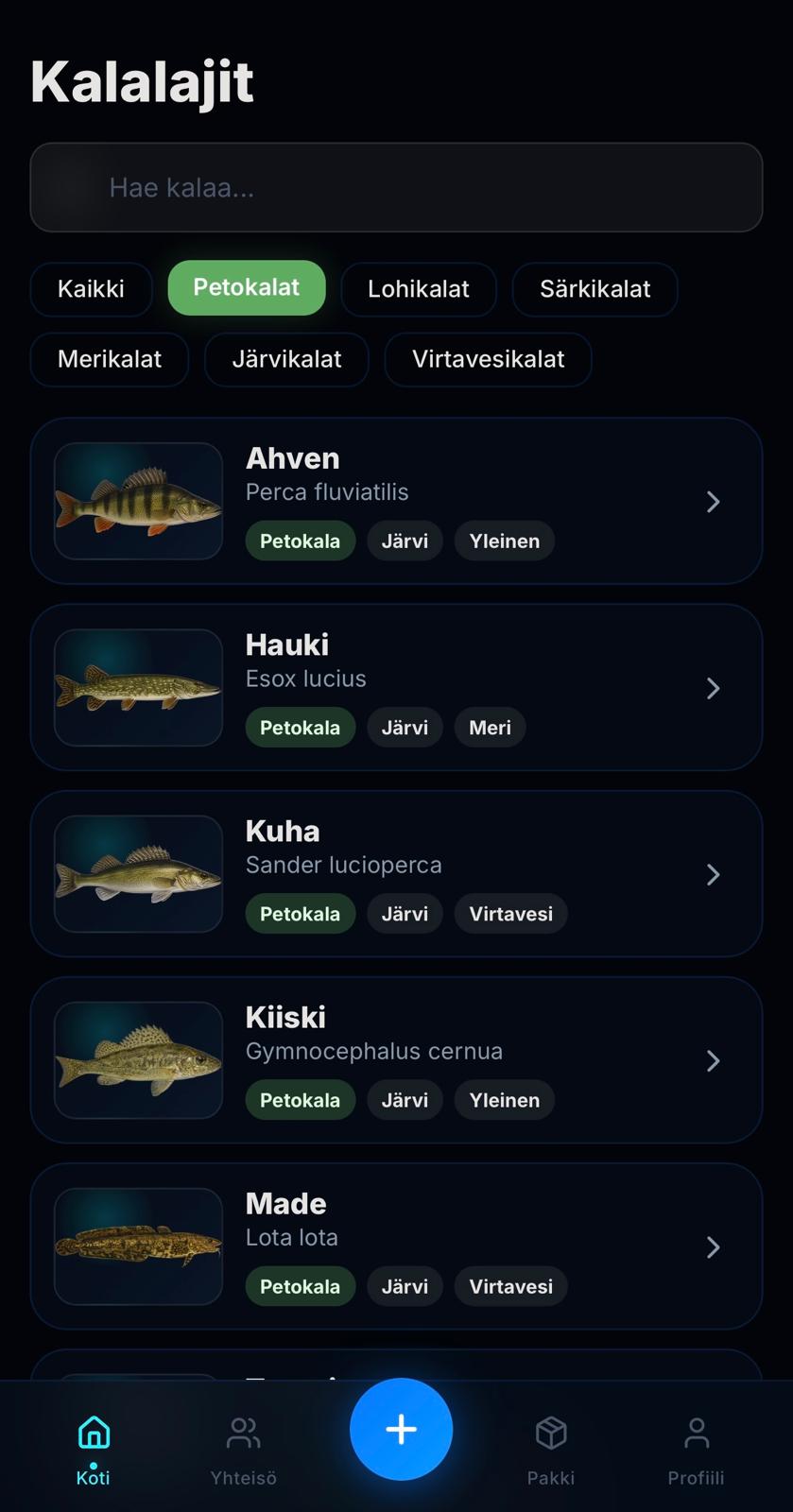 Uistion kalalajitietokannan näkymä, jossa on haku, suodattimet ja kalalajien listaus