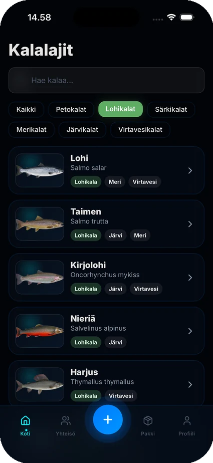 Uistion kalalajit-näkymä puhelimessa
