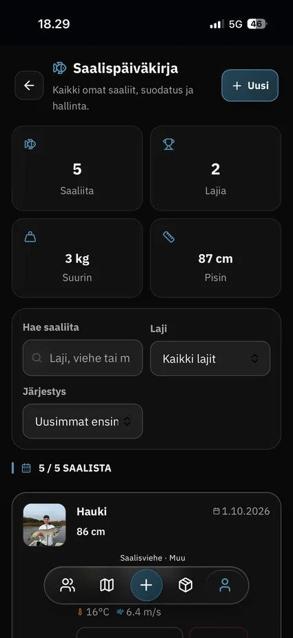 Uistion saalispäiväkirja, haku ja saalistilastot