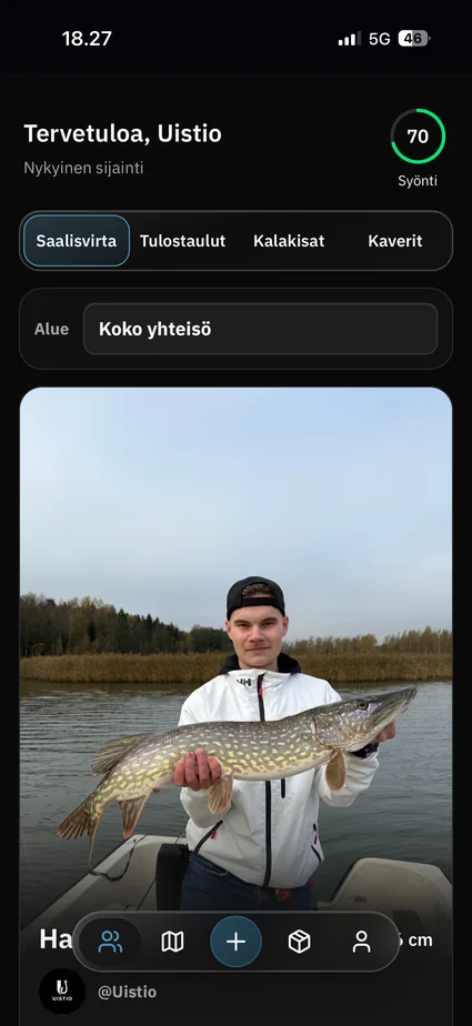 Uistion yhteisön saalisvirta ja jaettu haukisaalis